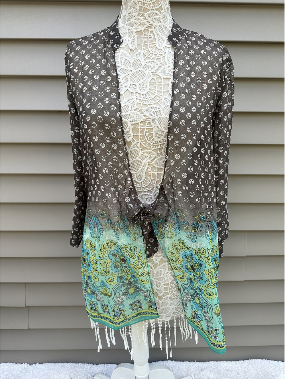 Coldwater Creek Bohemian Sheer Kimono Jacket with Turquoise Floral Border